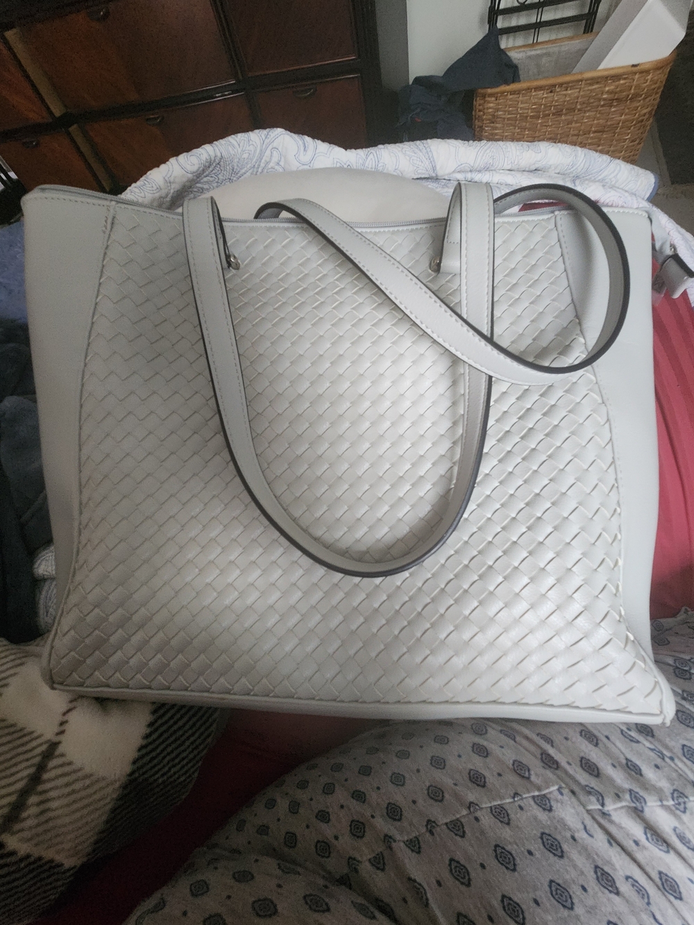 Woven-Front Tote Bag in Light Gray. NEW